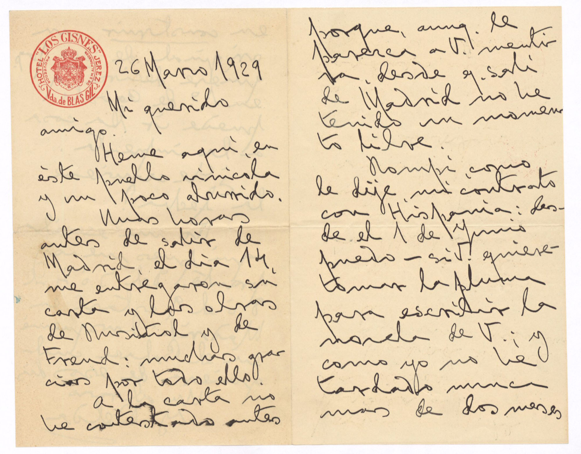 Carta de Joaquín Belda a José Ruiz-Castillo comunicándole su rescisión de contrato con Hispania y ofreciéndose para escribirle una novela.